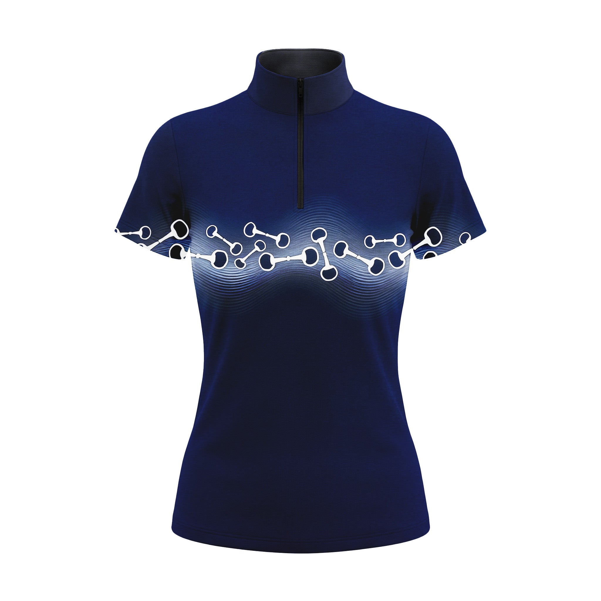 Studio flat view of the RIDER ATELIER Navy Bit Pattern Short-Sleeve Quarter-Zip Riding Top, showcasing the full pattern and quarter-zip collar