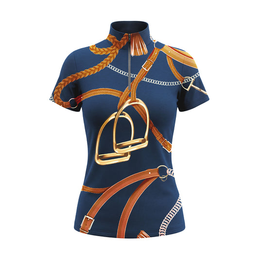 Studio shot of the RIDER ATELIER Navy Blue Equestrian Tack Print Short-Sleeve Quarter-Zip Riding Top, showing full print details, quarter-zip collar, and fabric texture against a clean white background