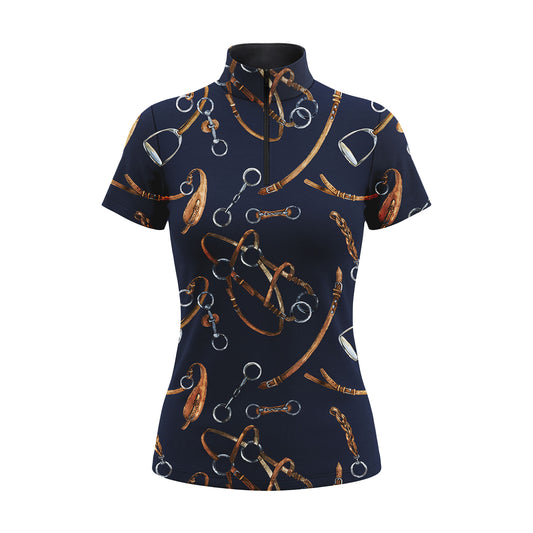 Studio shot of the RIDER ATELIER Navy Blue Watercolor Equestrian Tack Print Short-Sleeve Quarter-Zip Riding Top, showing full print details, quarter-zip collar, and fabric texture against a clean white background