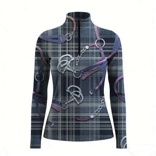 RIDER ATELIER plaid snaffle bit navy quarter-zip top on white background, front view