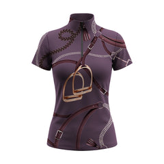 Purple equestrian shirt with brown leather accents on a white background