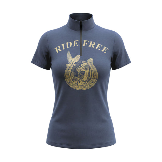 Studio shot of the RIDER ATELIER Navy Blue "Ride Free" Western Print Short-Sleeve Quarter-Zip Riding Top, showing the full horseshoe graphic, "RIDE FREE" text, quarter-zip collar, and fabric texture against a clean white background