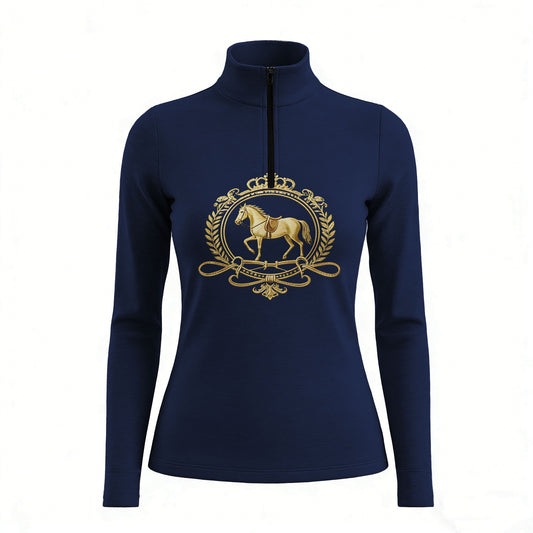 RIDER ATELIER royal crest quarter-zip top on white background, front view