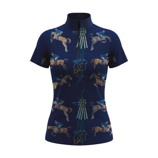 Studio shot of the RIDER ATELIER Navy Blue Show Jumper & Tack Print Short-Sleeve Quarter-Zip Riding Top, showing the full repeating print, quarter-zip collar, and fabric texture against a clean white background
