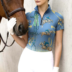 Woman wearing RIDER ATELIER show jumping champion short sleeve quarter-zip top with a chestnut horse