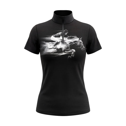 Studio flat view of the RIDER ATELIER Black Monochrome Showjumping Print Short-Sleeve Quarter-Zip Riding Top, showcasing the full print and quarter-zip collar