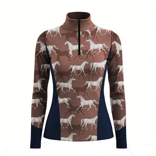 RIDER ATELIER sketch galloping horse quarter-zip top on white background, front view