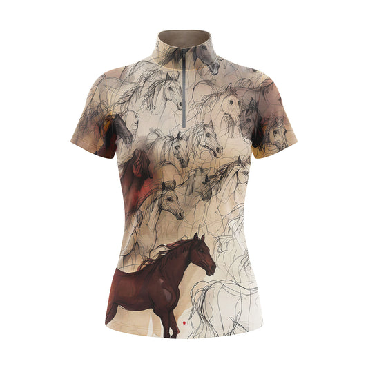 RIDER ATELIER sketch horse herd print quarter-zip short sleeve top on white background, front view