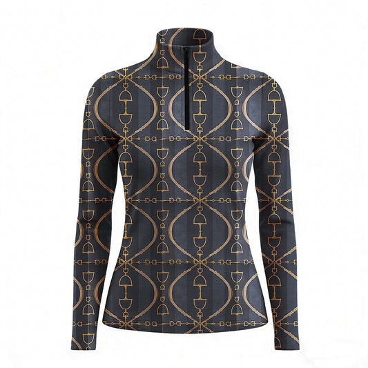 RIDER ATELIER snaffle bit lattice charcoal quarter-zip top on white background, front view