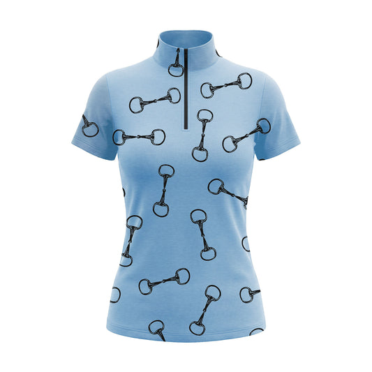 RIDER ATELIER snaffle bit short sleeve quarter-zip top on white background, front view