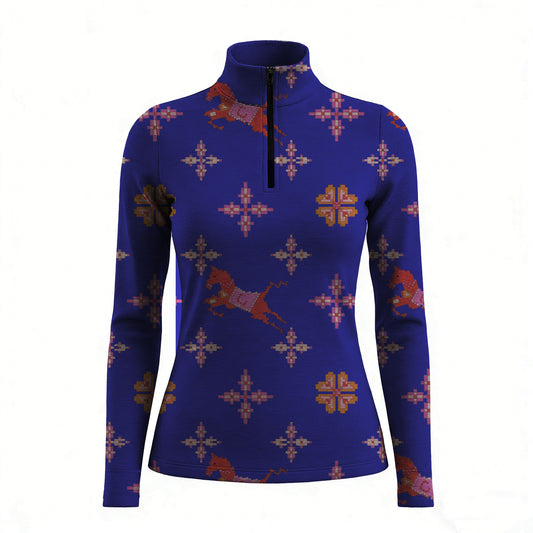 RIDER ATELIER southwestern quarter-zip top on white background, front view