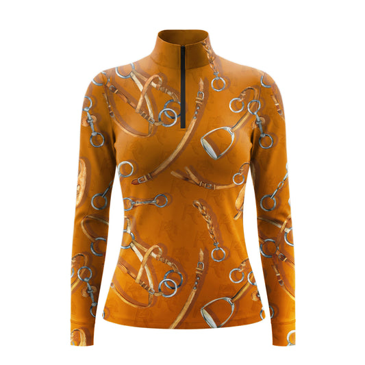 Studio flat view of the RIDER ATELIER Equestrian Tack Print Long-Sleeve Quarter-Zip Riding Top, showcasing the full tack pattern and quarter-zip collar