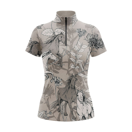 Studio flat view of the RIDER ATELIER Taupe Equestrian Botanical Sketch Print Short-Sleeve Quarter-Zip Riding Top, showcasing the full hand-drawn print and quarter-zip collar
