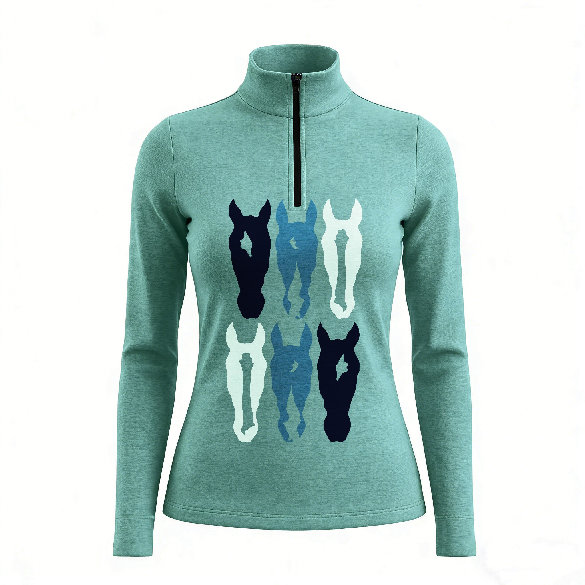 RIDER ATELIER teal stacked horse silhouette quarter-zip top on white background, front view