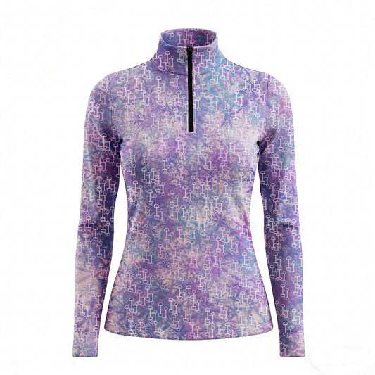 RIDER ATELIER tie-dye snaffle bit lavender purple quarter-zip top on white background, front view