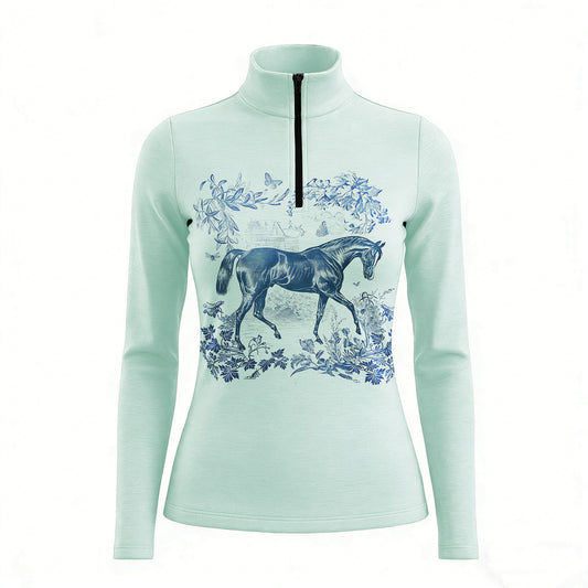 RIDER ATELIER Toile de Jouy horse sage green quarter-zip top on white background, front view