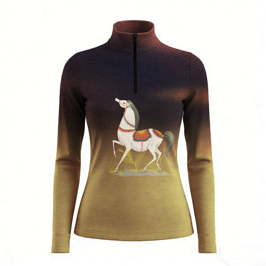 Woman wearing RIDER ATELIER twilight quarter-zip top at the show jumping arena
