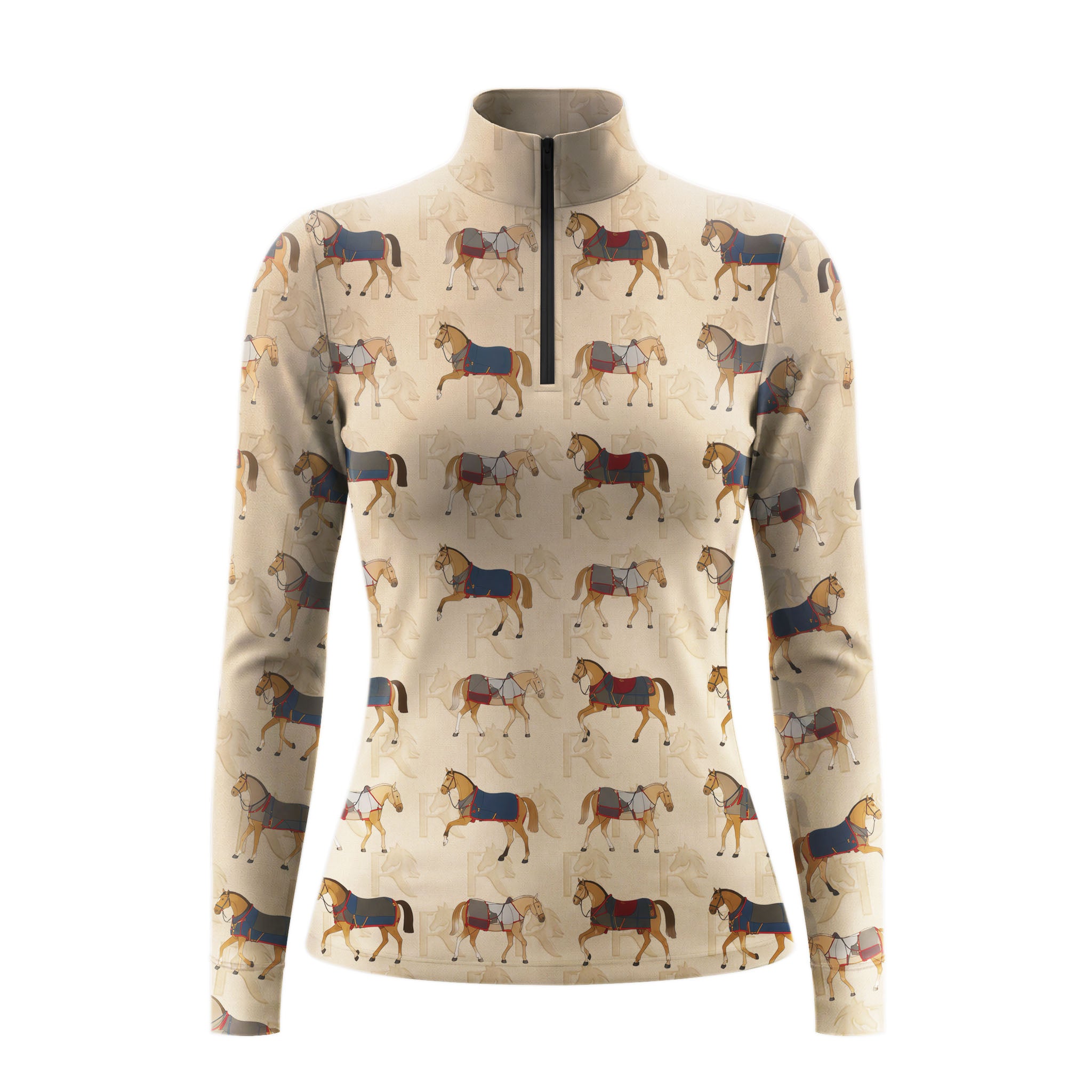 Studio flat view of the RIDER ATELIER Vintage Show Horse Print Long-Sleeve Quarter-Zip Riding Top, showcasing the full pattern and quarter-zip collar