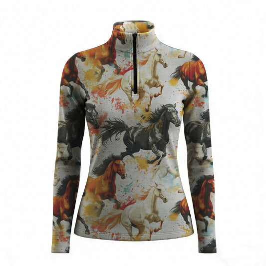 RIDER ATELIER watercolor galloping herd quarter-zip top on white background, front view