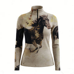 RIDER ATELIER watercolor galloping horse quarter-zip top on white background, front view