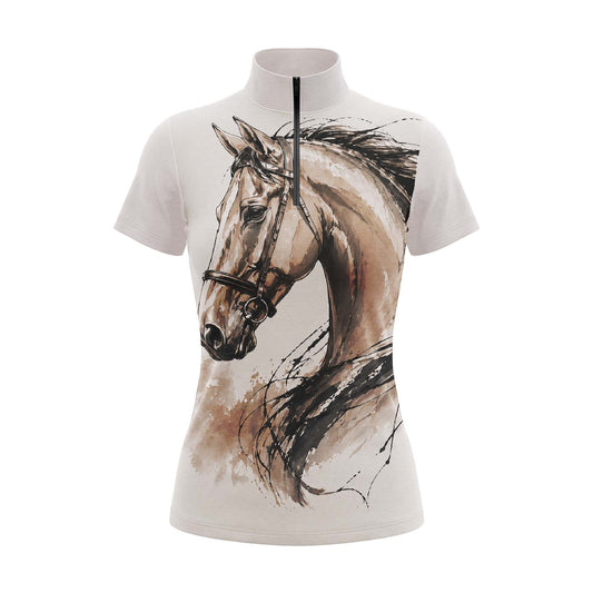 Studio flat view of the RIDER ATELIER Watercolor Portrait Horse Head Print Short-Sleeve Quarter-Zip Riding Top, showcasing the full painterly horse print and quarter-zip collar