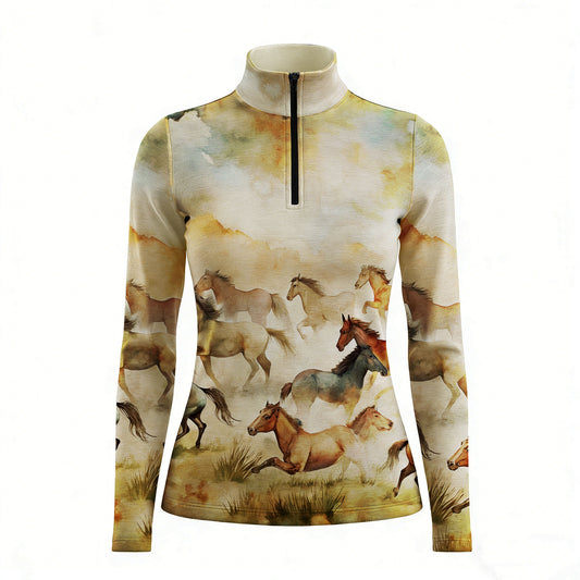 RIDER ATELIER watercolor wild horses tan quarter-zip top on white background, front view