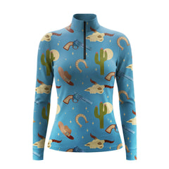 Studio flat view of the RIDER ATELIER Western Cowboy Print Long-Sleeve Quarter-Zip Riding Top, showcasing the full pattern and quarter-zip collar