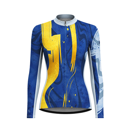Front view flat shot of women full zip long sleeve racing cycling jersey with deep blue splatter base, textured gold brush curve print, light grey gradient side panels and pale grey collar isolated white background