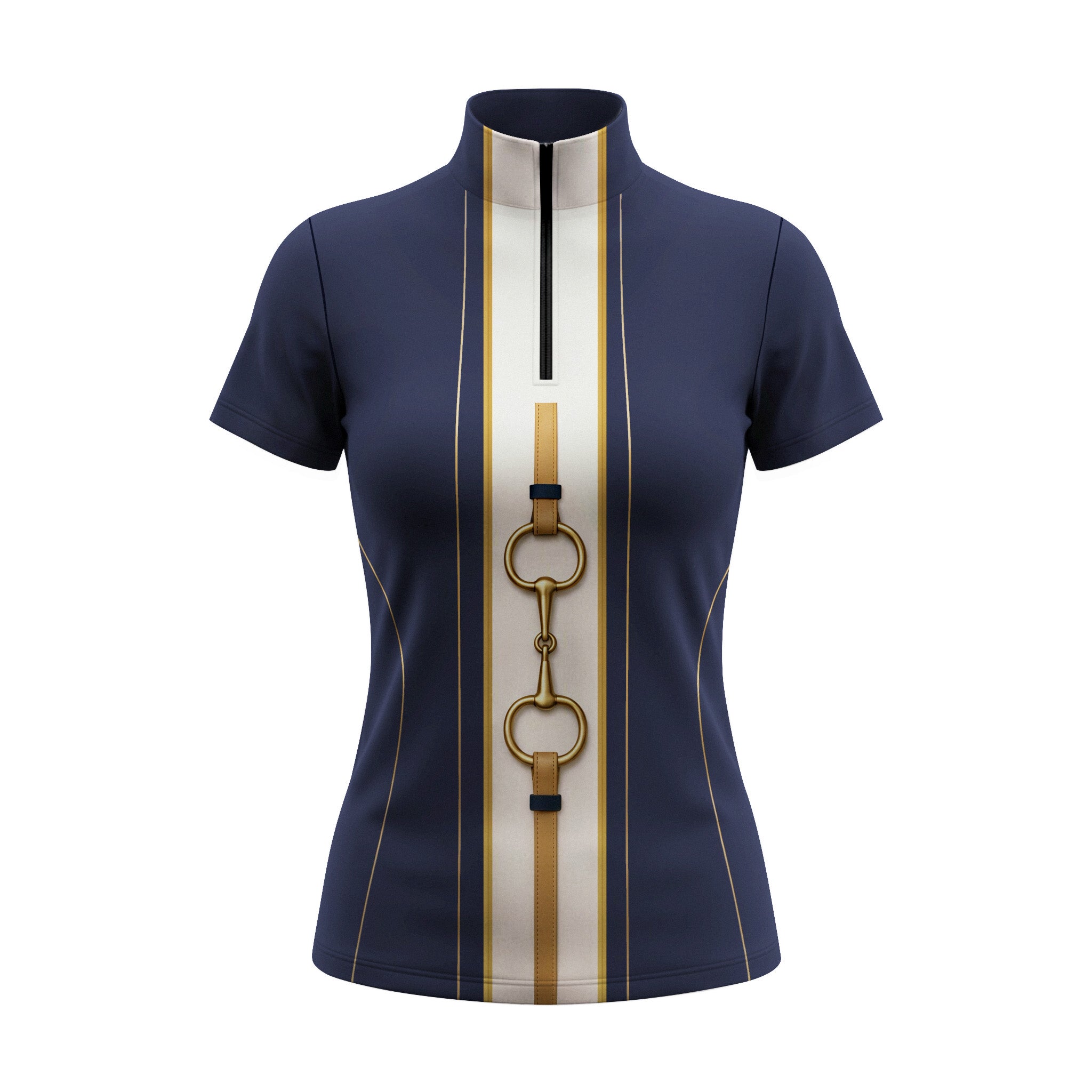 White background studio shot of vertical stripe brass snaffle bit short sleeve quarter zip riding top