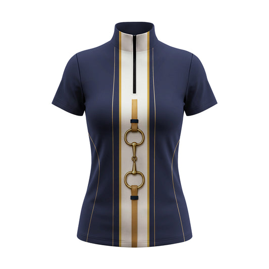 White background studio shot of vertical stripe brass snaffle bit short sleeve quarter zip riding top