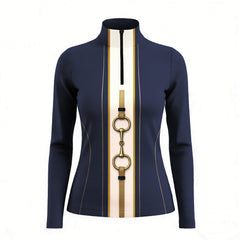 Plain white background studio shot of vertical stripe snaffle bit quarter zip long sleeve riding top
