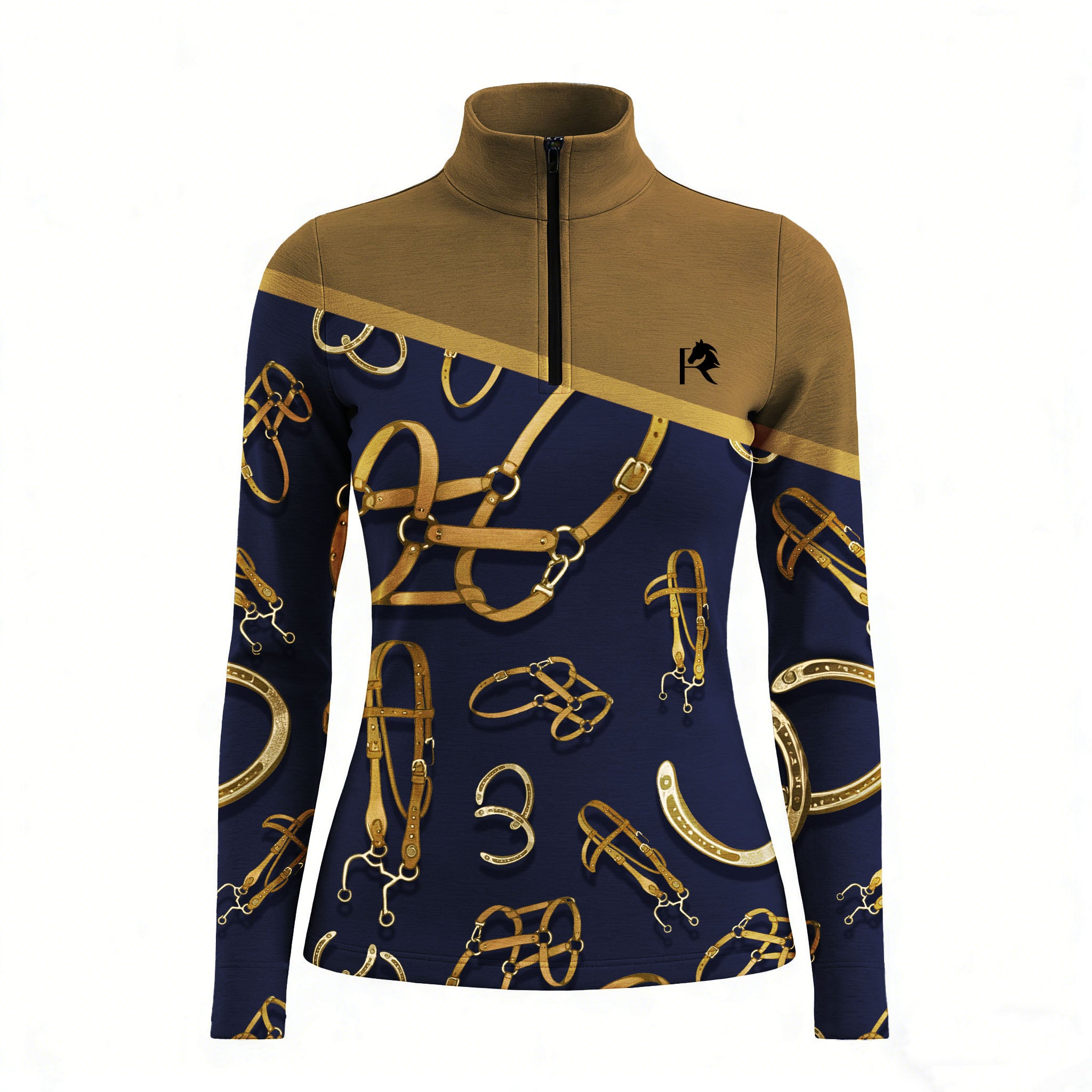 Front studio shot of RIDER ATELIER Equestrian Tack Colorblock Quarter-Zip Top, showing full print details, colorblock panels, and signature horse logo