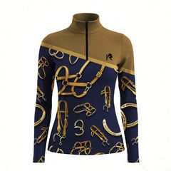 Front studio shot of RIDER ATELIER Equestrian Tack Colorblock Quarter-Zip Top, showing full print details, colorblock panels, and signature horse logo