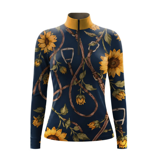 White background studio shot of navy sunflower & stirrup print long sleeve quarter zip riding top