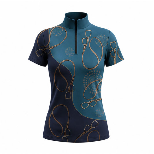 White background studio shot of teal & navy stirrup print short sleeve quarter zip riding top