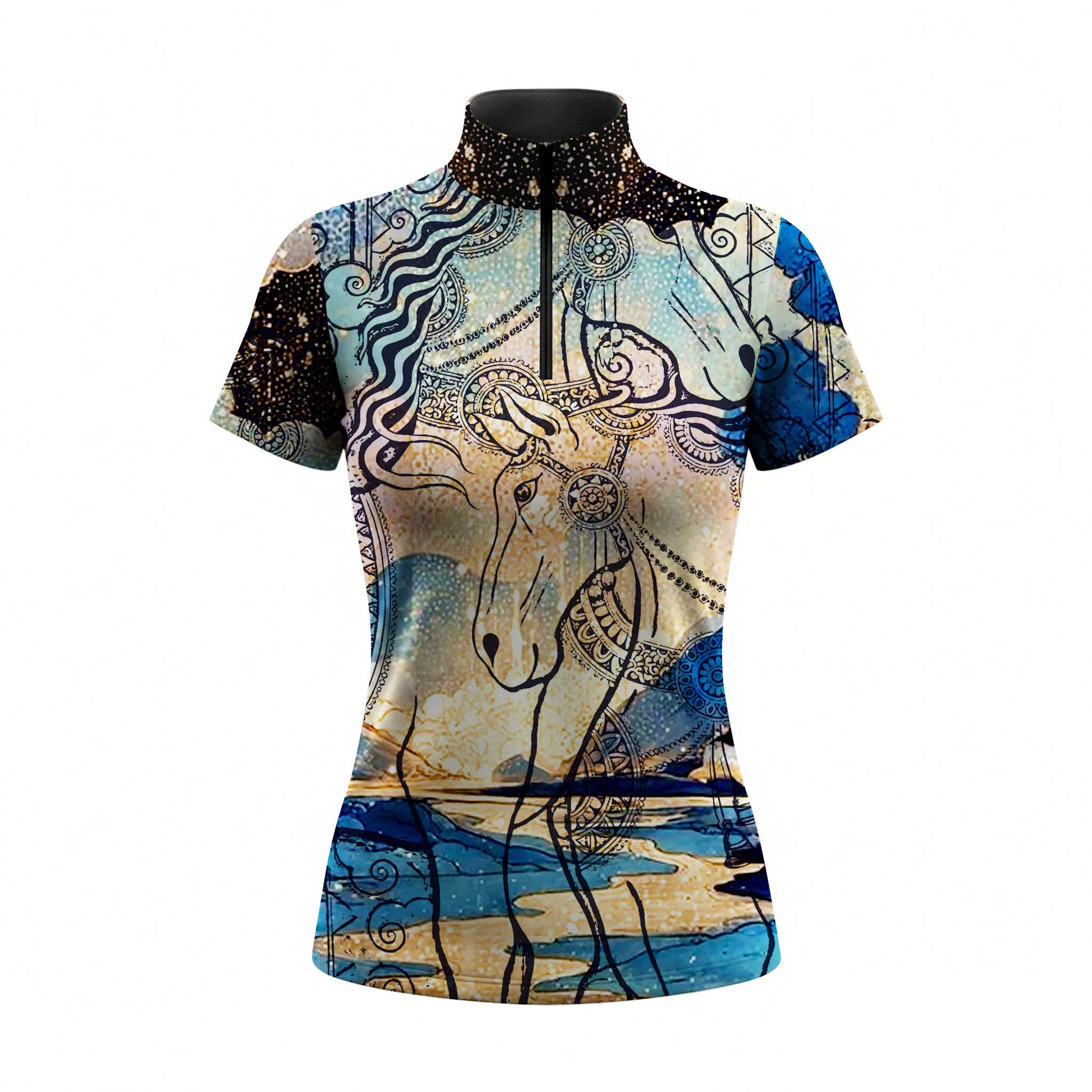 White background studio shot of celestial tribal horse art short sleeve quarter zip riding top