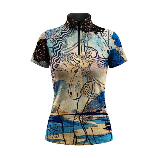 White background studio shot of celestial tribal horse art short sleeve quarter zip riding top