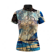 White background studio shot of celestial tribal horse art short sleeve quarter zip riding top
