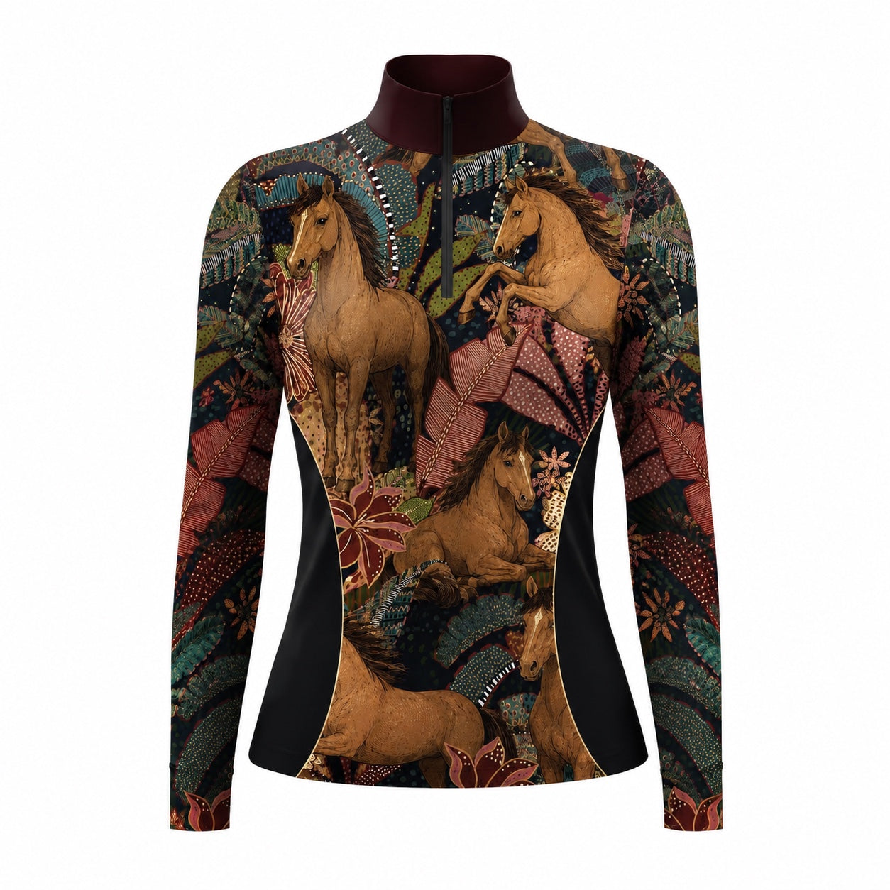 White background studio shot of dark tropical wild horse print side panel long sleeve quarter zip riding top