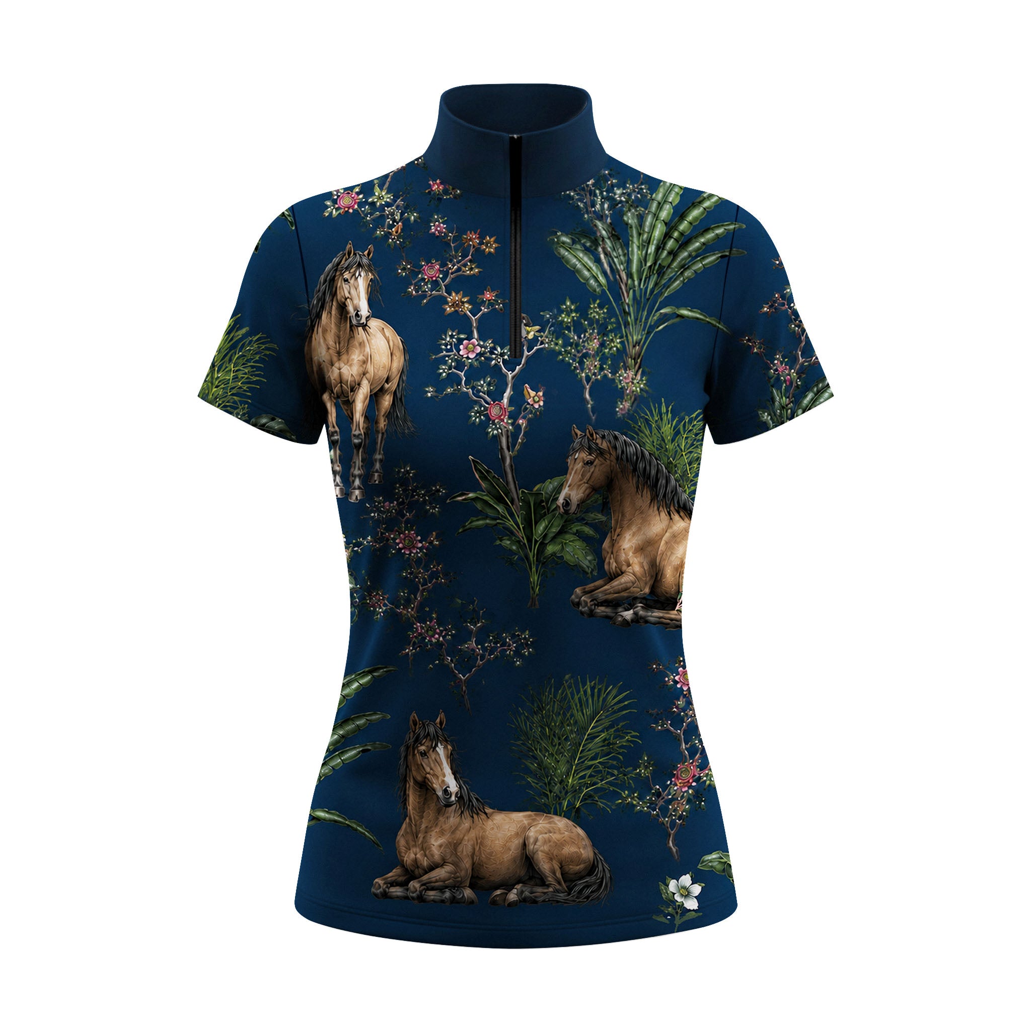 White background studio product shot of full deep navy tropical palm blossom standing lying chestnut horse ditsy print short sleeve quarter-zip riding top