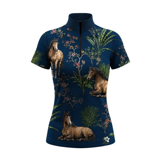 White background studio product shot of full deep navy tropical palm blossom standing lying chestnut horse ditsy print short sleeve quarter-zip riding top