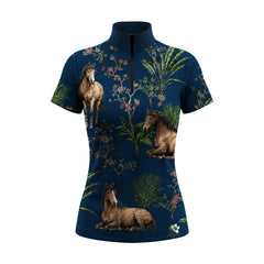 White background studio product shot of full deep navy tropical palm blossom standing lying chestnut horse ditsy print short sleeve quarter-zip riding top