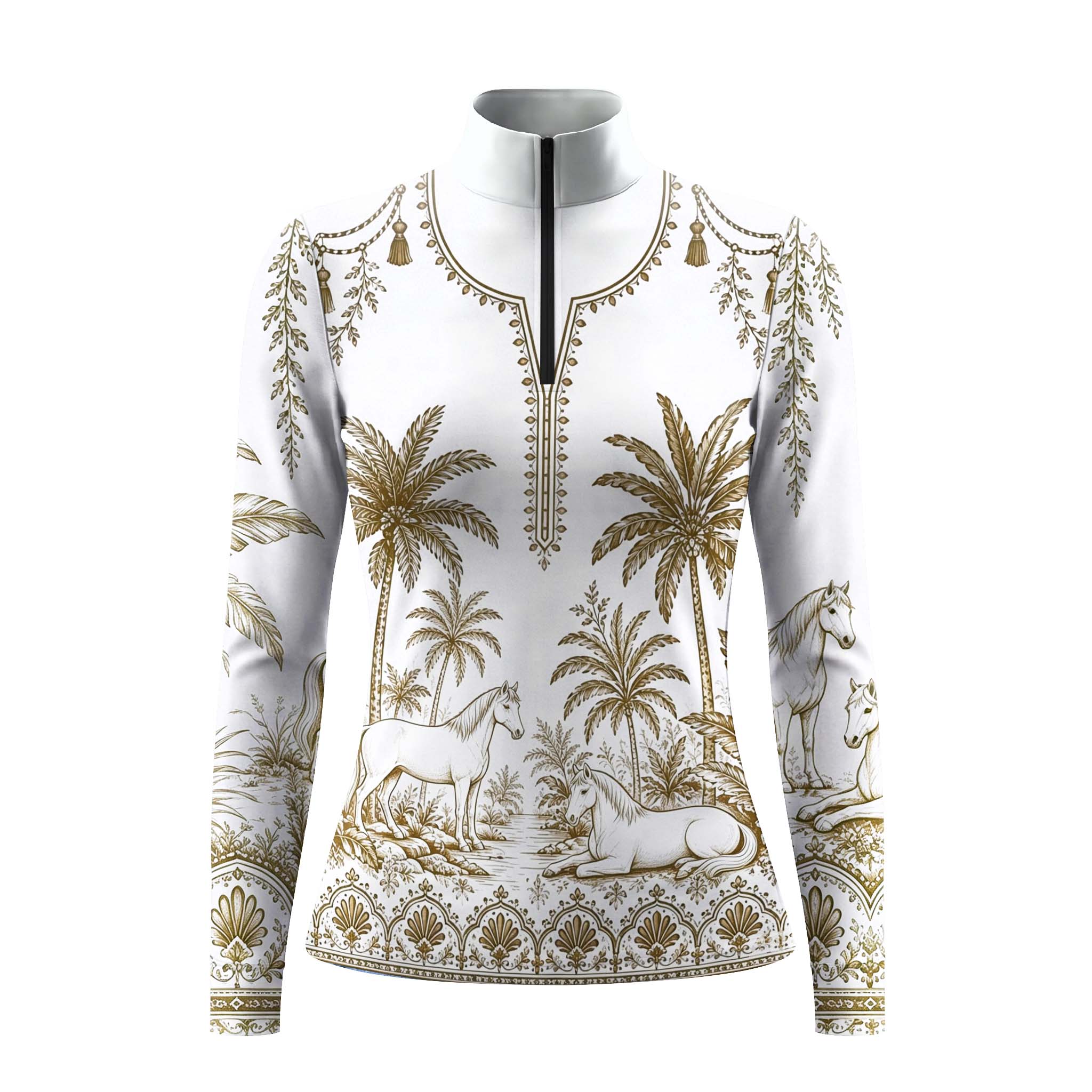 White background studio shot of tropical palm & horse print long sleeve quarter zip riding top