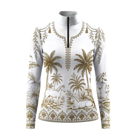 White background studio shot of tropical palm & horse print long sleeve quarter zip riding top