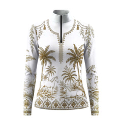 White background studio shot of tropical palm & horse print long sleeve quarter zip riding top