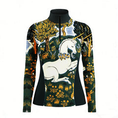 White background studio shot of medieval unicorn tapestry long sleeve quarter zip riding top