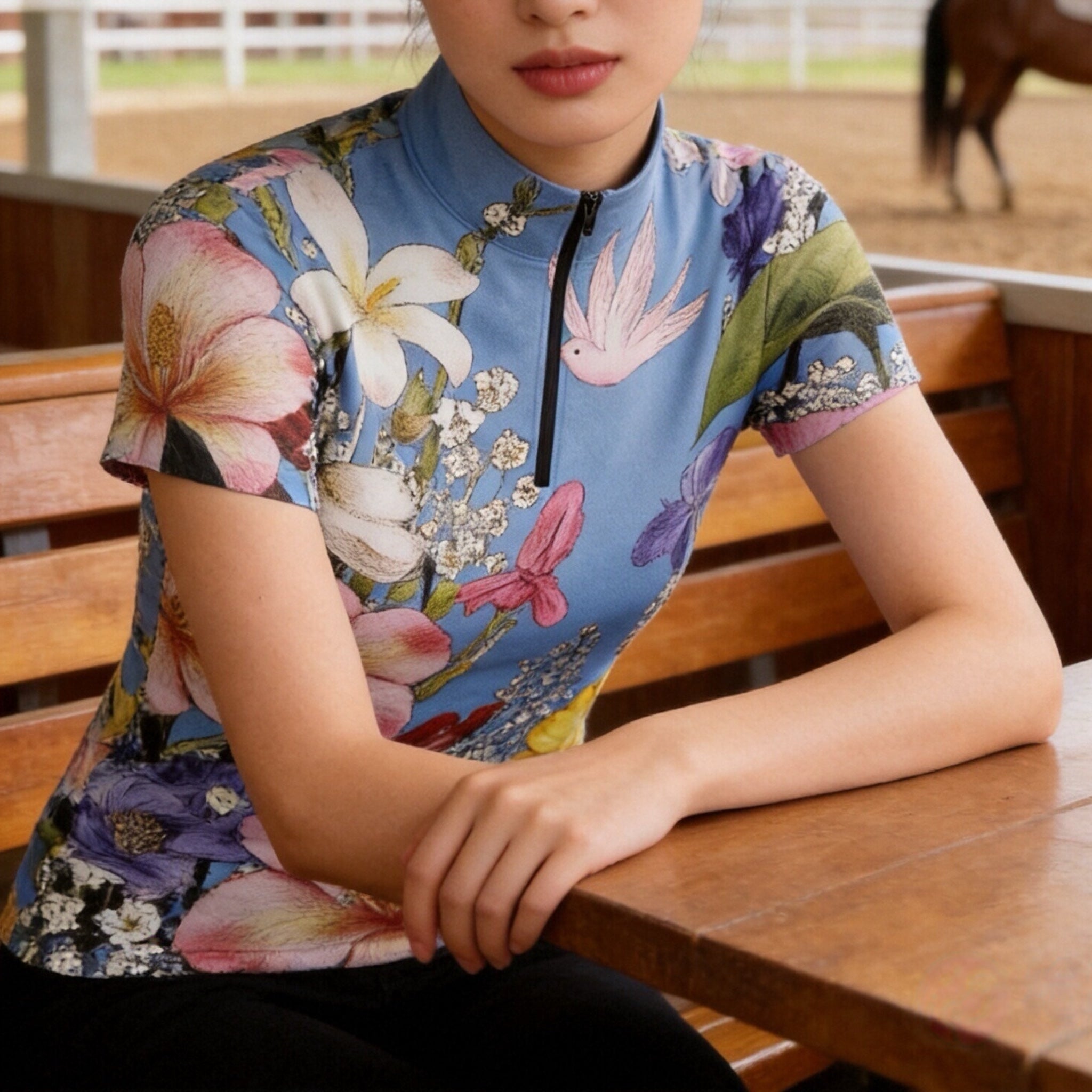 Model wearing the Vibrant Watercolor Floral & Bird Print Short-Sleeve Riding Top at a stable, sitting at a wooden table