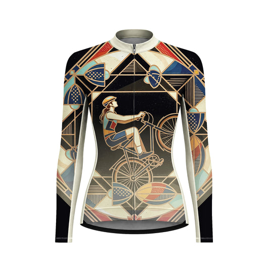 Front view flat shot of women full zip long sleeve cycling jersey with retro gold Art Deco geometric lady cyclist print, off-white collar isolated white background