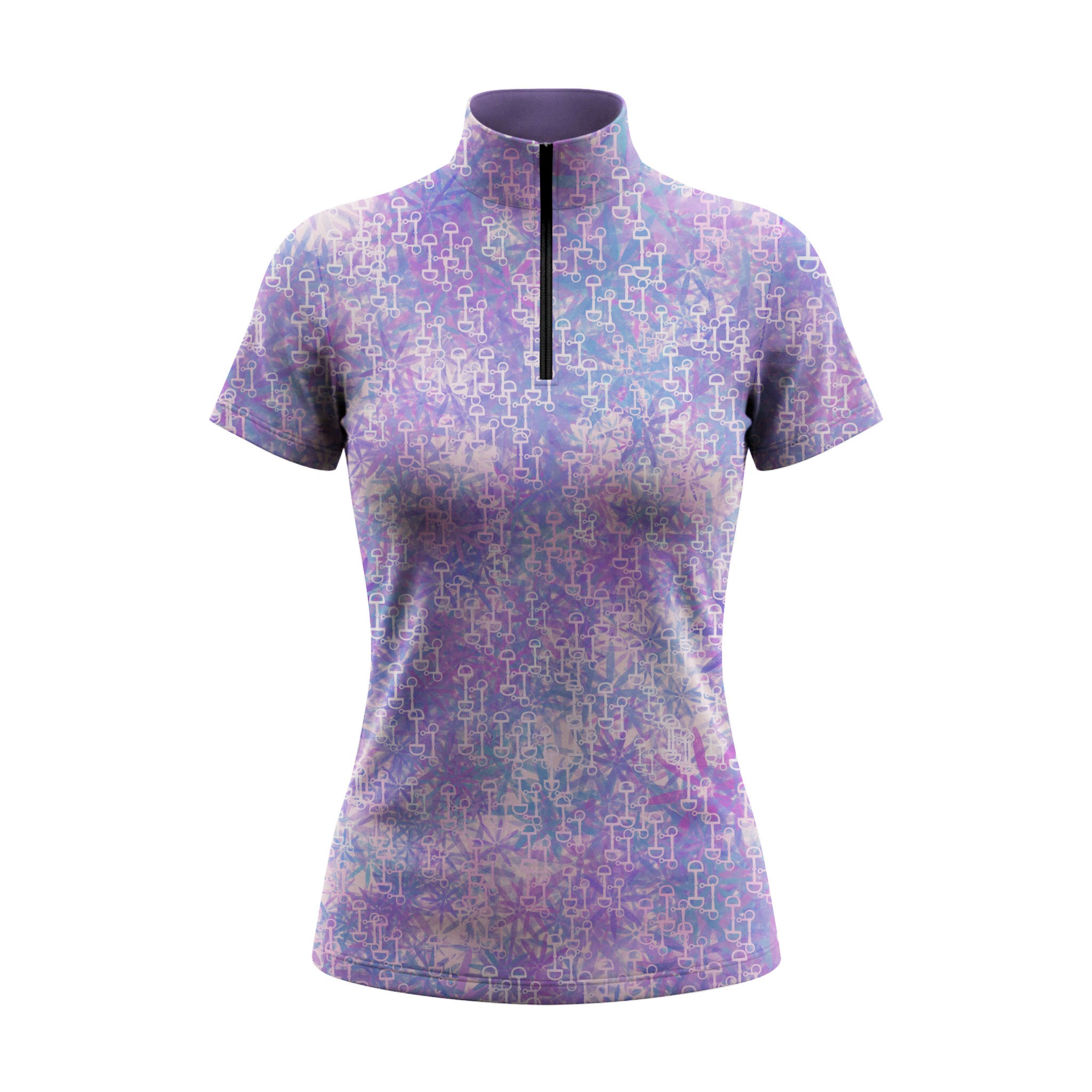 White background studio shot of purple watercolor snaffle bit short sleeve quarter zip riding top