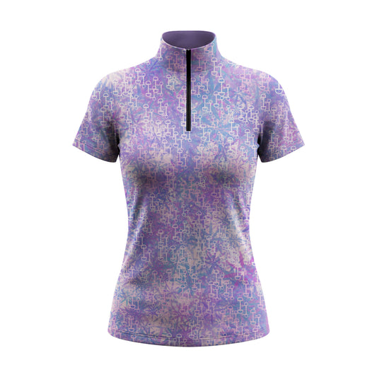 White background studio shot of purple watercolor snaffle bit short sleeve quarter zip riding top